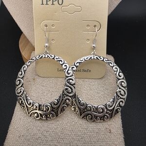 Intricate Silver and Black Hoop Earrings